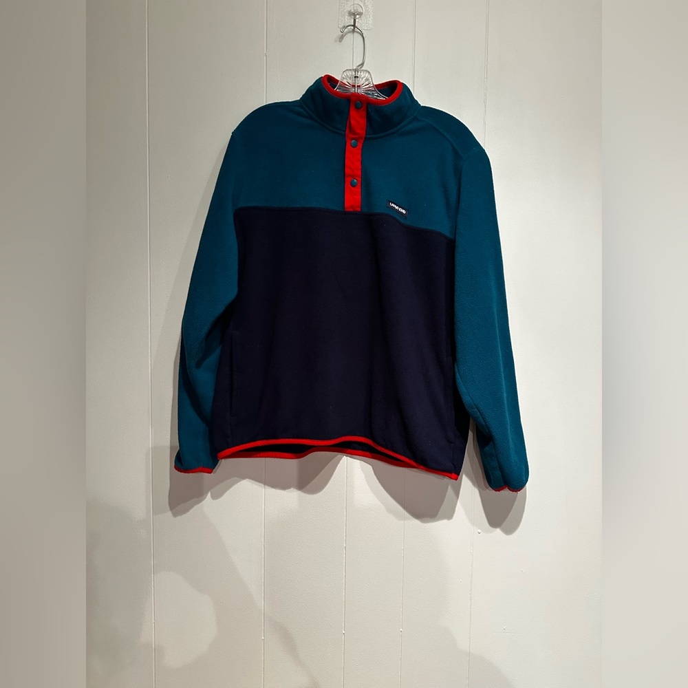 Lands’ End Snap Fleece Pullover Large Colorblock Teal Navy - Picture 3 of 5